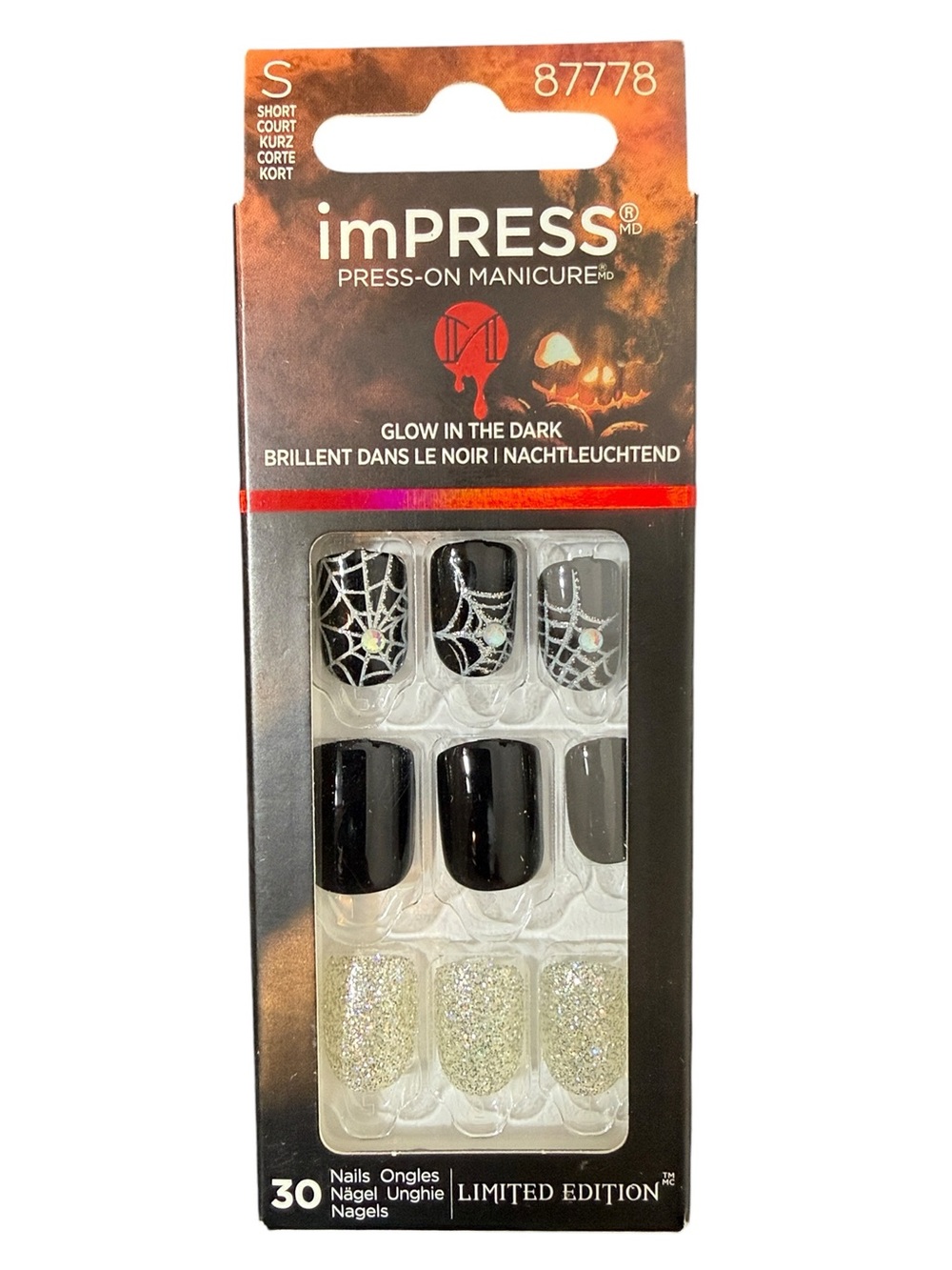 imPRESS Black and Silver Glitter Halloween Glow-In-The-Dark Press-On Nails